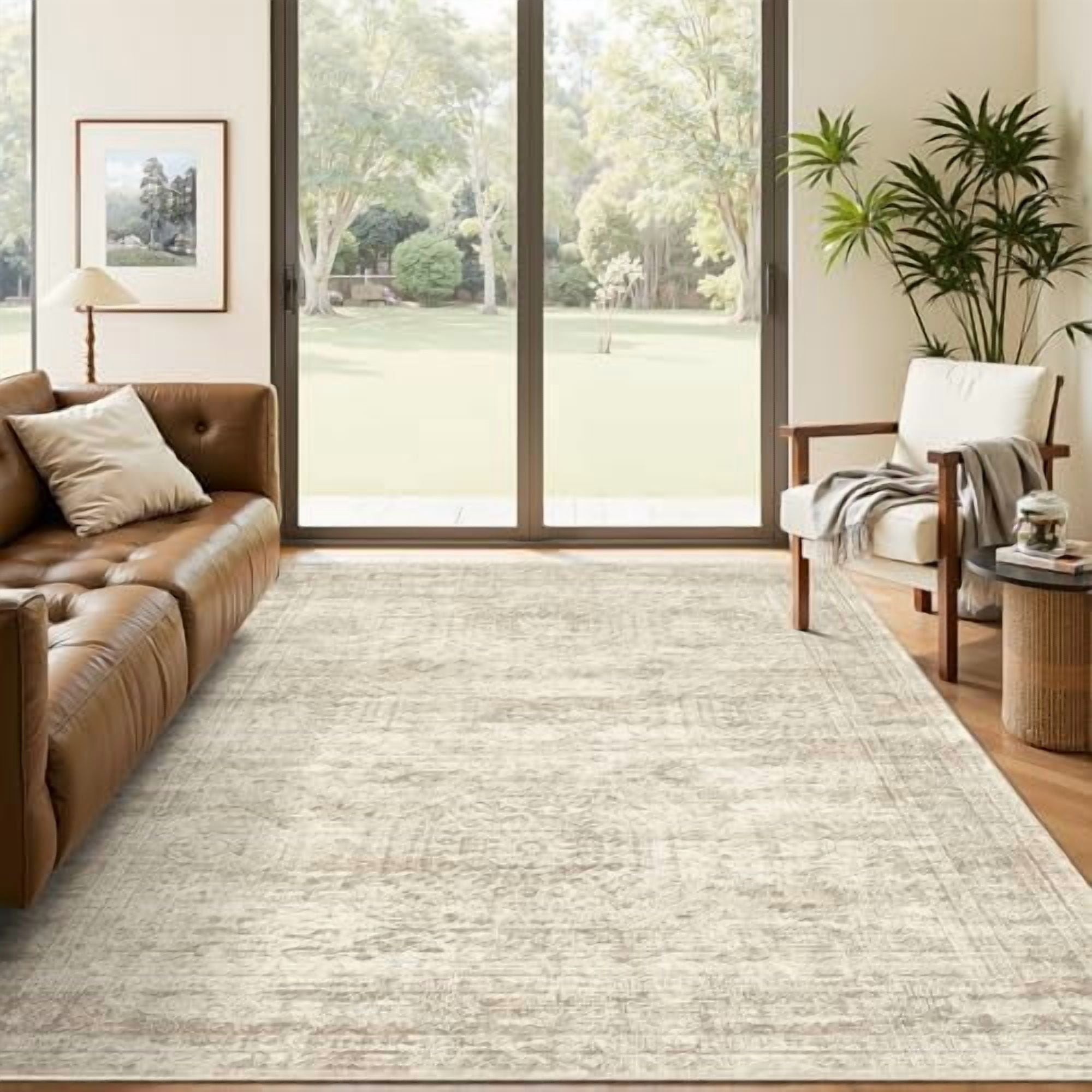 5x7 Area Rugs Beige Low Pile Indoor Washable Trendy Faded Style Rugs ...