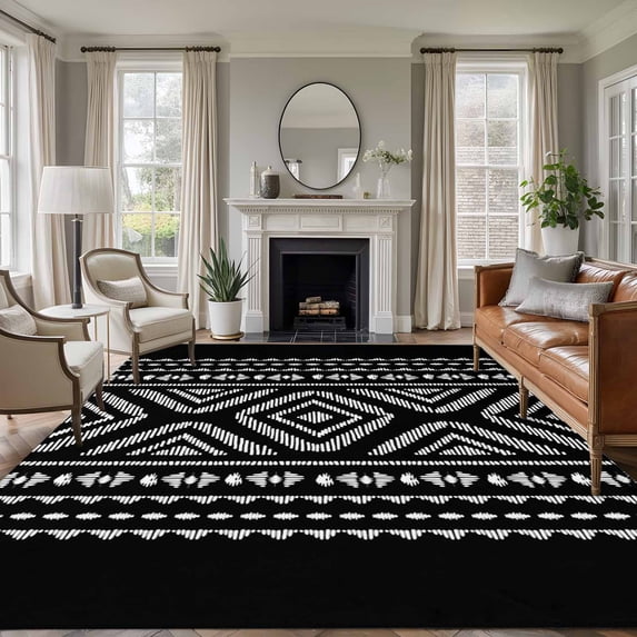 5x7 Area Rugs, Black Boho Geometric Non-Skid Rubber Backing Large Rectangle Rugs - Living Room Bedroom Home Office, Vintage Southwestern Stripes Indoor Floor Mat Carpets Washable Rug