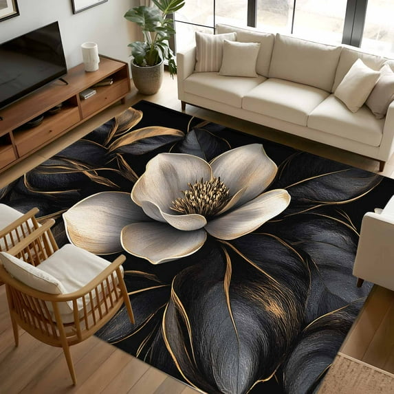 5x7 Area Rugs, Black Gold Flower Non-Skid Rubber Backing Large Rectangle Rugs - Living Room Bedroom Home Office, Gradient Luxurious Floral Botanical Indoor Floor Mat Carpets Washable Rug