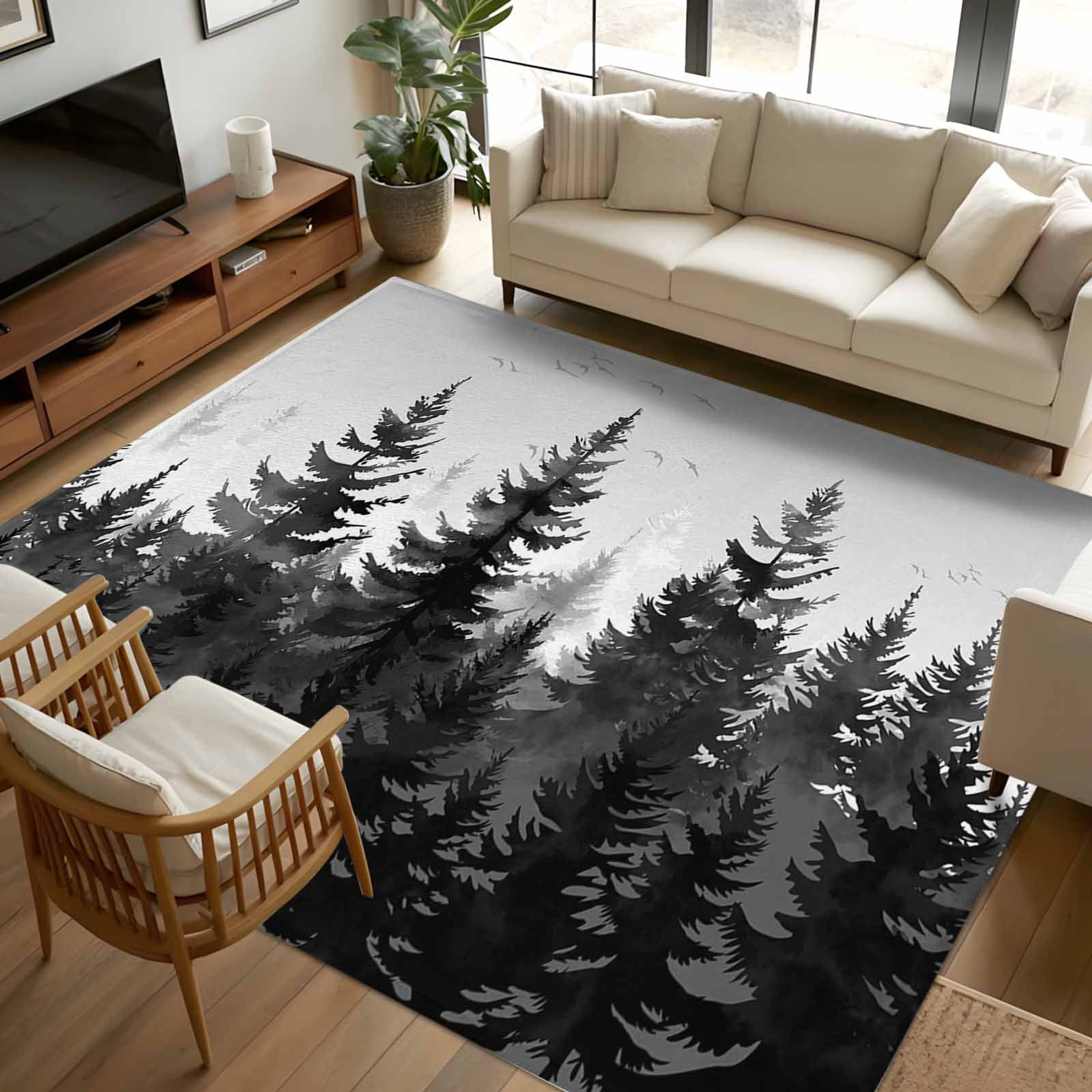 5x7 Area Rugs, Black Mist Forest Non-Skid Rubber Backing Large ...