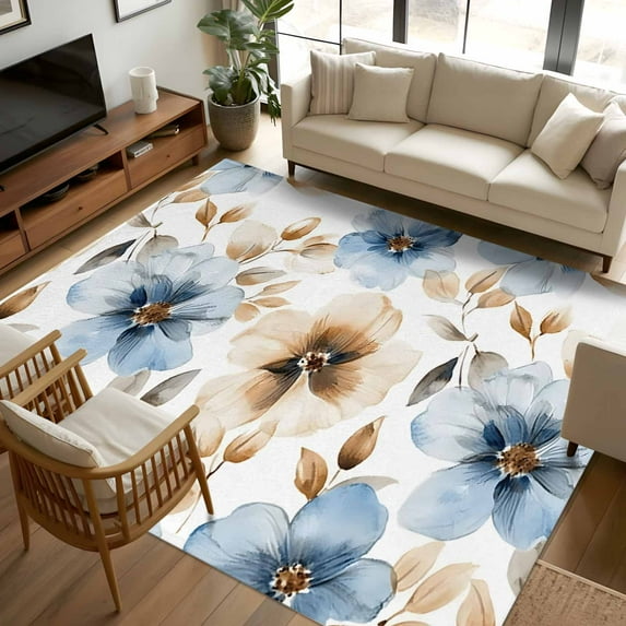5x7 Area Rugs, Blue Brown Spring Floral Non-Skid Rubber Backing Large Rectangle Rugs - Living Room Bedroom Home Office, Summer Botanical Watercolor Indoor Floor Mat Carpets Washable Rug