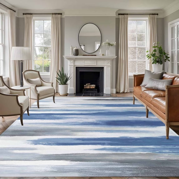 5x7 Area Rugs, Blue Gray Non-Skid Rubber Backing Large Rectangle Rugs - Living Room Bedroom Home Office, Modern Simple Abstract White Ombre Texture Indoor Floor Mat Carpets Washable Rug