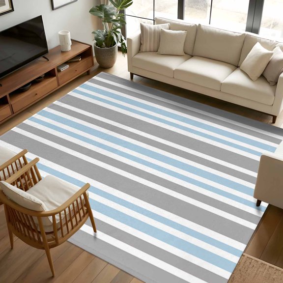 5x7 Area Rugs, Blue Grey Striped Non-Skid Rubber Backing Large Rectangle Rugs - Living Room Bedroom Home Office, Horizontal Lines Simple Minimalist Indoor Floor Mat Carpets Washable Rug