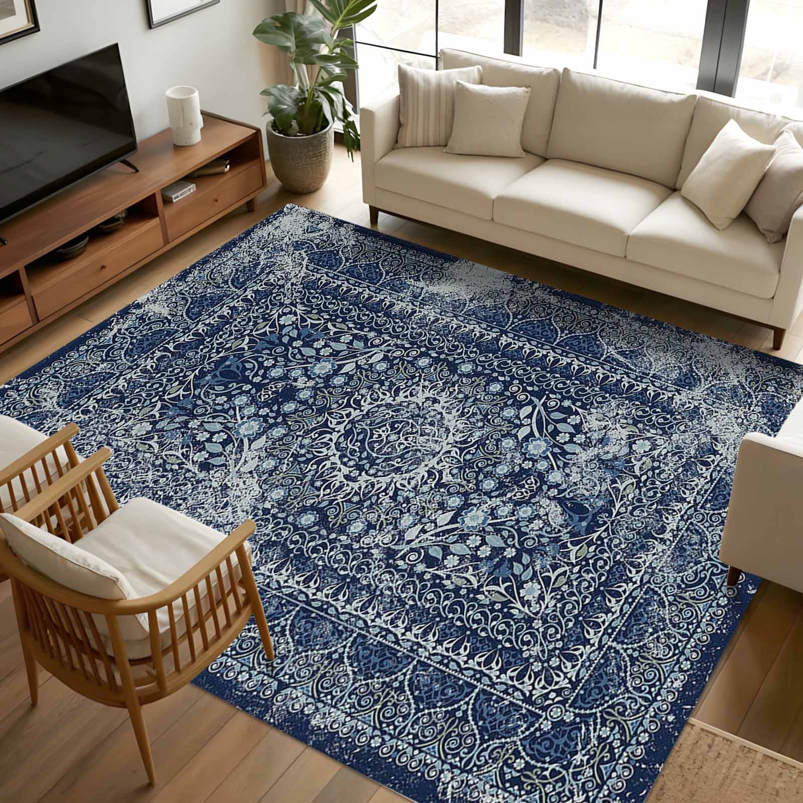 Decorative Rubber Back Rug 5x7 Area Rugs, Boho Blue Non-Skid Rubber Backing Large Rectangle Rugs ...