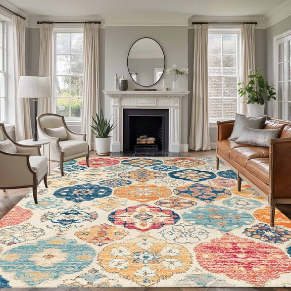 5x7 Area Rugs, Boho Morocco Non-Skid Rubber Backing Large Rectangle Rugs - Living Room Bedroom Home Office, Retro Farmhouse Ethnic Neutral Aesthetic Indoor Floor Mat Carpets Washable Rug