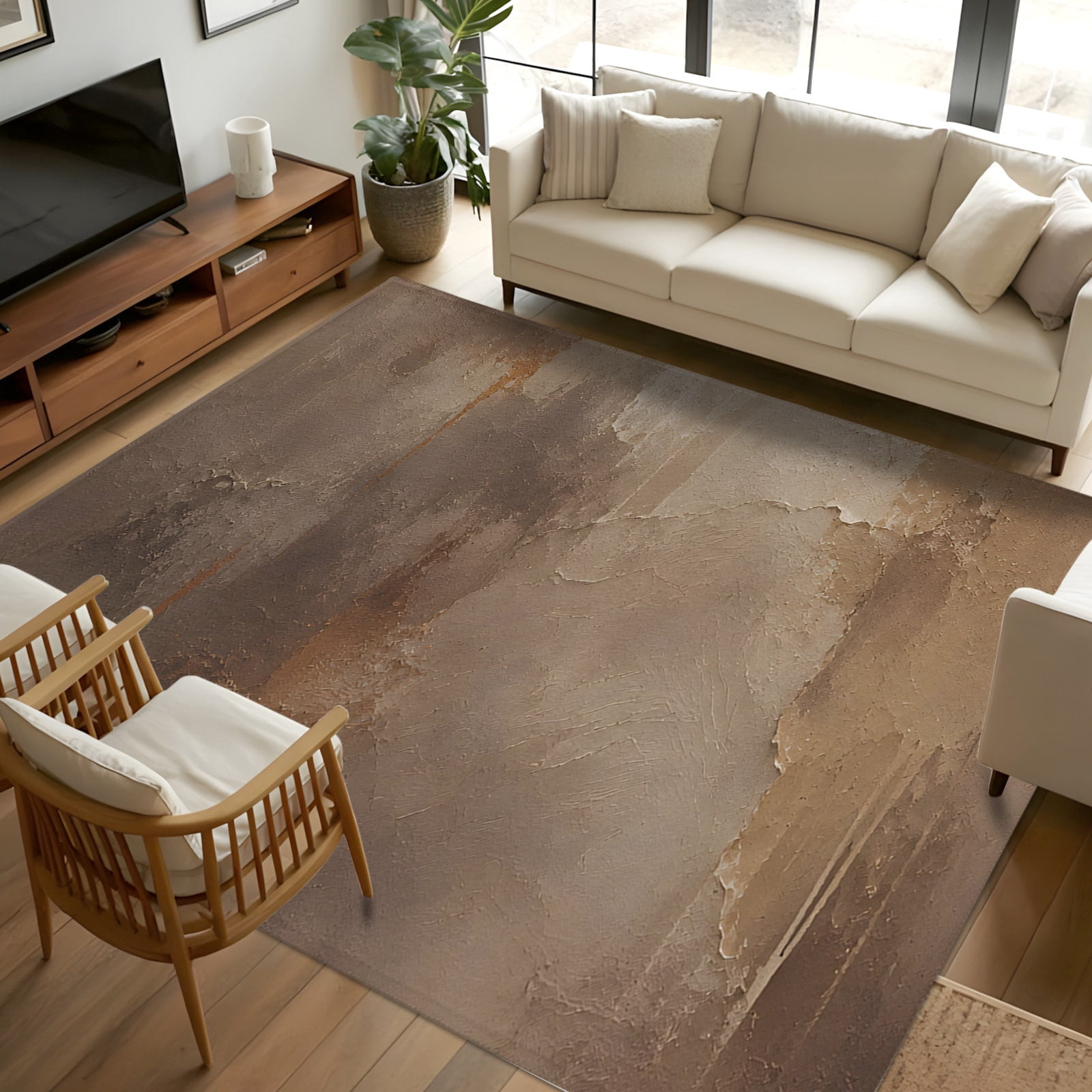 Large Recctangle Rugs 5x7 Area Rugs, Brown Abstract Non-Skid Rubber Backing Large Rectangle ...
