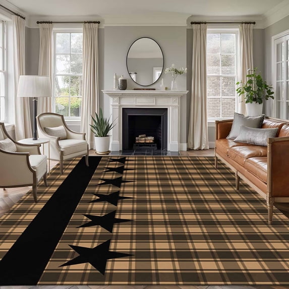 5x7 Area Rugs, Brown Black Plaid Non-Skid Rubber Backing Large Rectangle Rugs - Living Room Bedroom Home Office, Vintage Rustic Star Buffalo Check Indoor Floor Mat Carpets Washable Rug