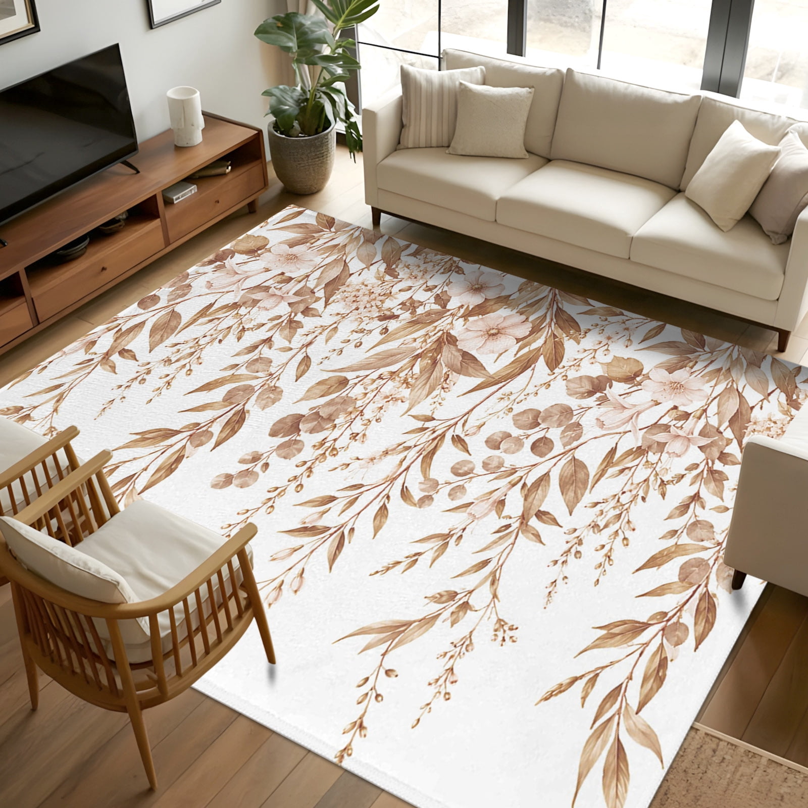 Signage Rug 5x7 Area Rugs, Brown Eucalyptus Leaves Non-Skid Rubber Backing Large ...