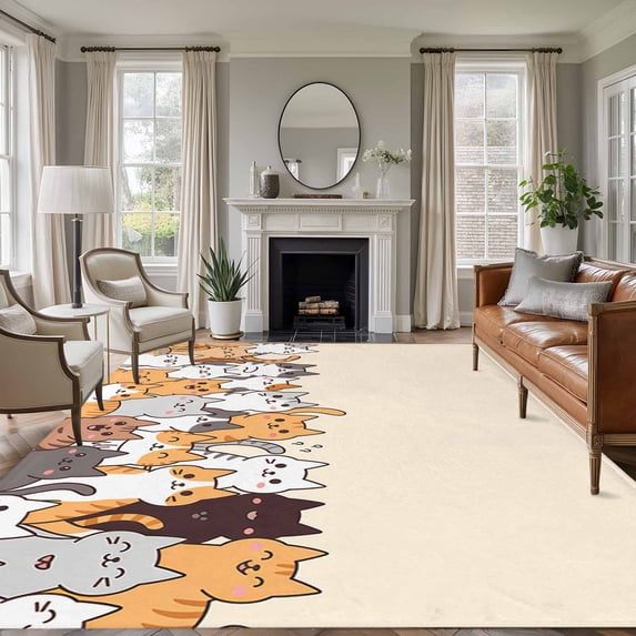 5x7 Area Rugs, Cartoon Cat Non-Skid Rubber Backing Large Rectangle Rugs - Living Room Bedroom Home Office, Modern Simple Funny Cute Animals Art Indoor Floor Mat Carpets Washable Rug