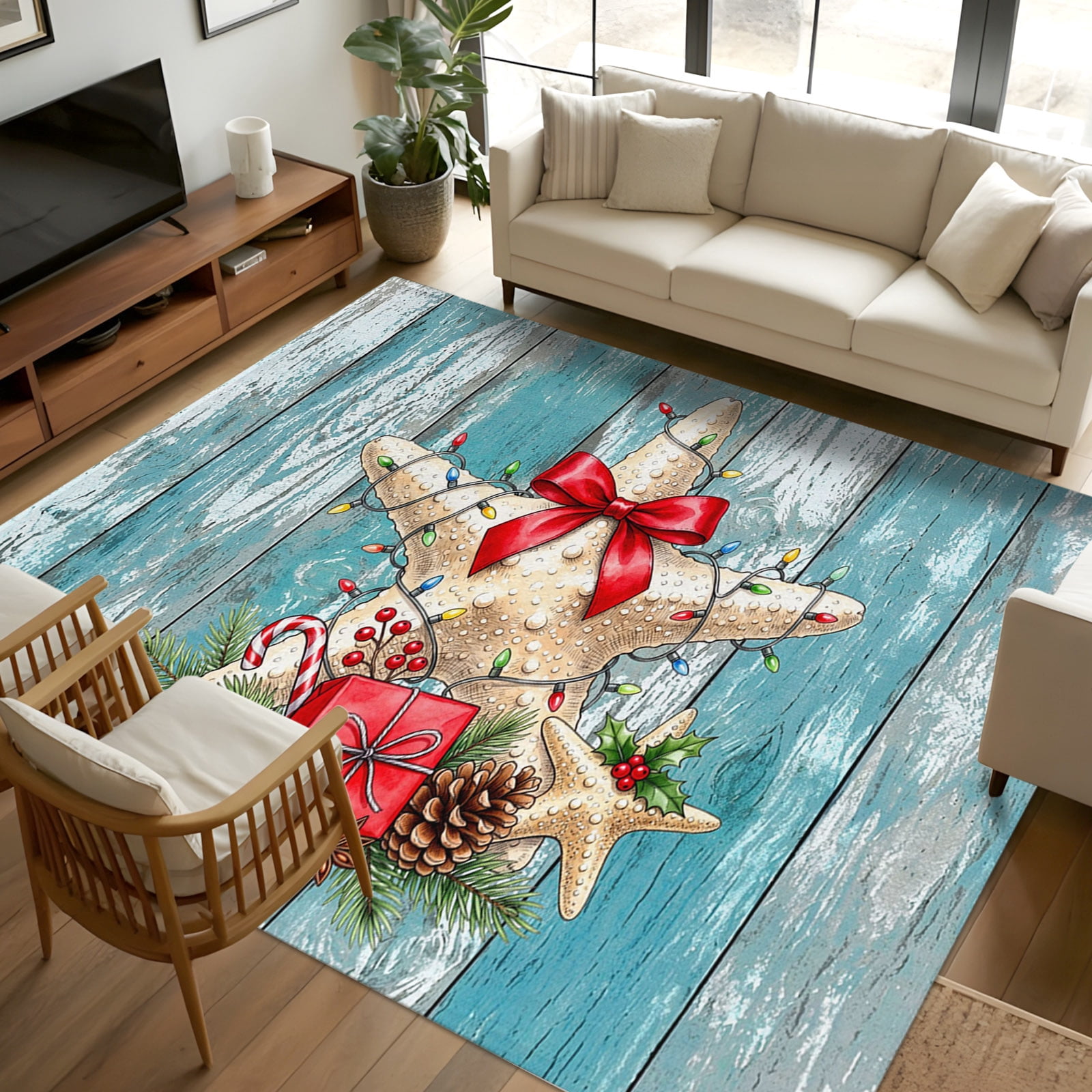 5x7 Rectangular Rugs 5x7 Area Rugs, Coastal Starfish Non-Skid Rubber Backing Large Rectangle ...