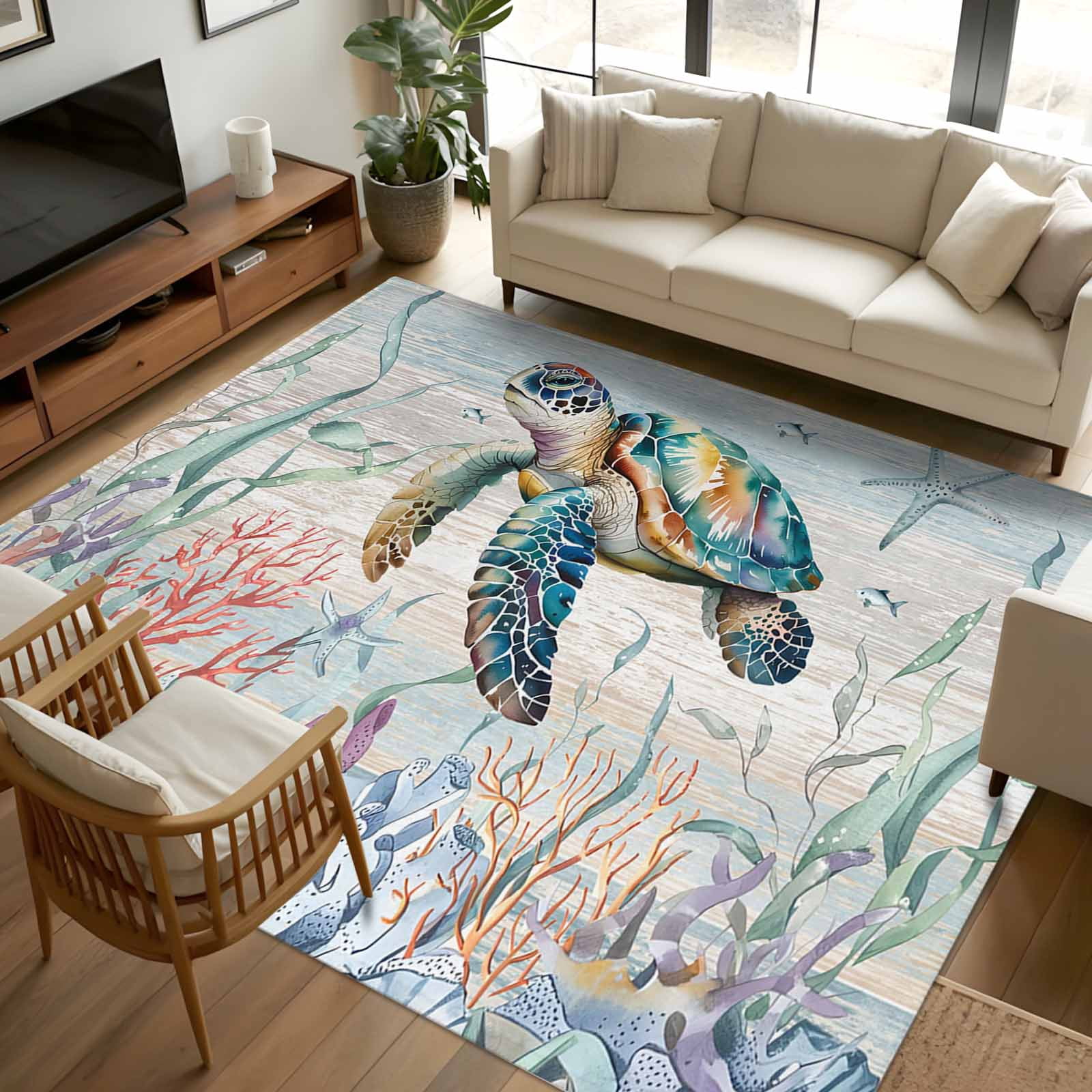 Turtle School Rug 5x7 Area Rugs, Coastal Turtle Non-Skid Rubber Backing Large Rectangle ...
