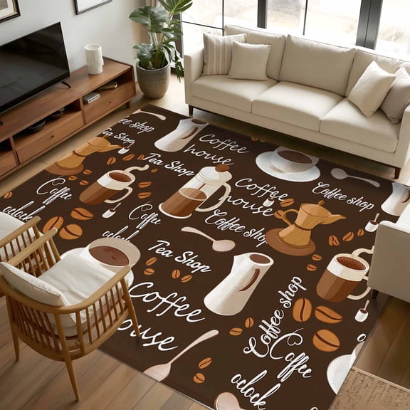 5x7 Area Rugs, Coffee Non-Skid Rubber Backing Large Rectangle Rugs - Living Room Bedroom Home Office, Brown Retro Coffee Theme Beans Latte Tea Cup Indoor Floor Mat Carpets Washable Rug