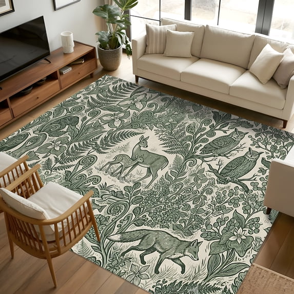Rustic Elk Rugs 5x7 Area Rugs, Green Botanical Non-Skid Rubber Backing Large Rectangle ...
