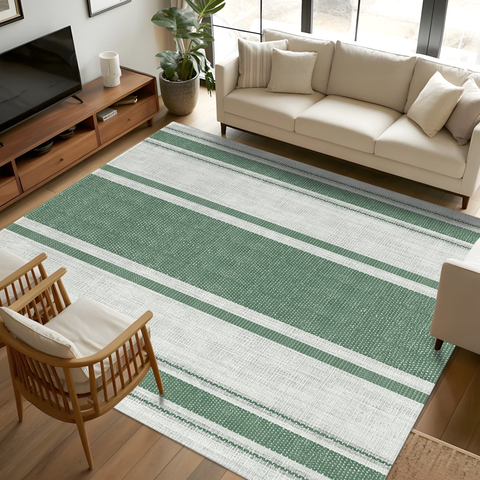 5x7 Area Rugs, Green Striped Non-Skid Rubber Backing Large Rectangle ...