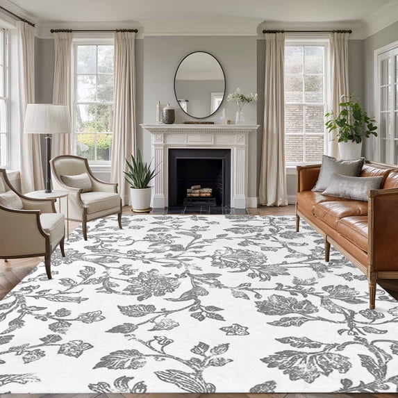 5x7 Area Rugs, Grey Flower Non-Skid Rubber Backing Large Rectangle Rugs - Living Room Bedroom Home Office, Vintage Farmhouse Boho Leaf Spring Plant Indoor Floor Mat Carpets Washable Rug