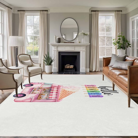 5x7 Area Rugs, Hello Summer Non-Skid Rubber Backing Large Rectangle Rugs - Living Room Bedroom Home Office, Pink Ice Cream Truck Watercolor Indoor Floor Mat Carpets Washable Rug
