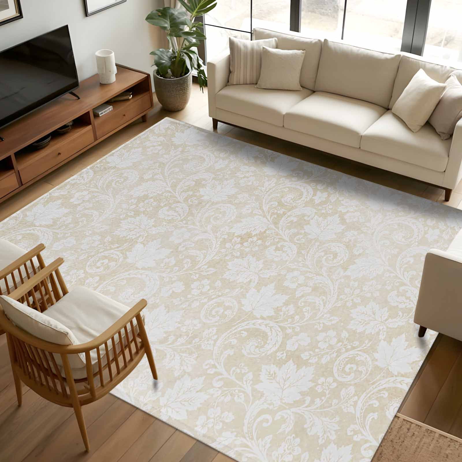 5x7 Area Rugs, Ivory Cream Florals Non-Skid Rubber Backing Large ...