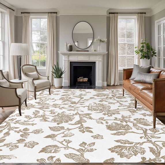 5x7 Area Rugs, Khaki Flower Non-Skid Rubber Backing Large Rectangle Rugs - Living Room Bedroom Home Office, Vintage Farmhouse Boho Leaf Spring Plant Indoor Floor Mat Carpets Washable Rug