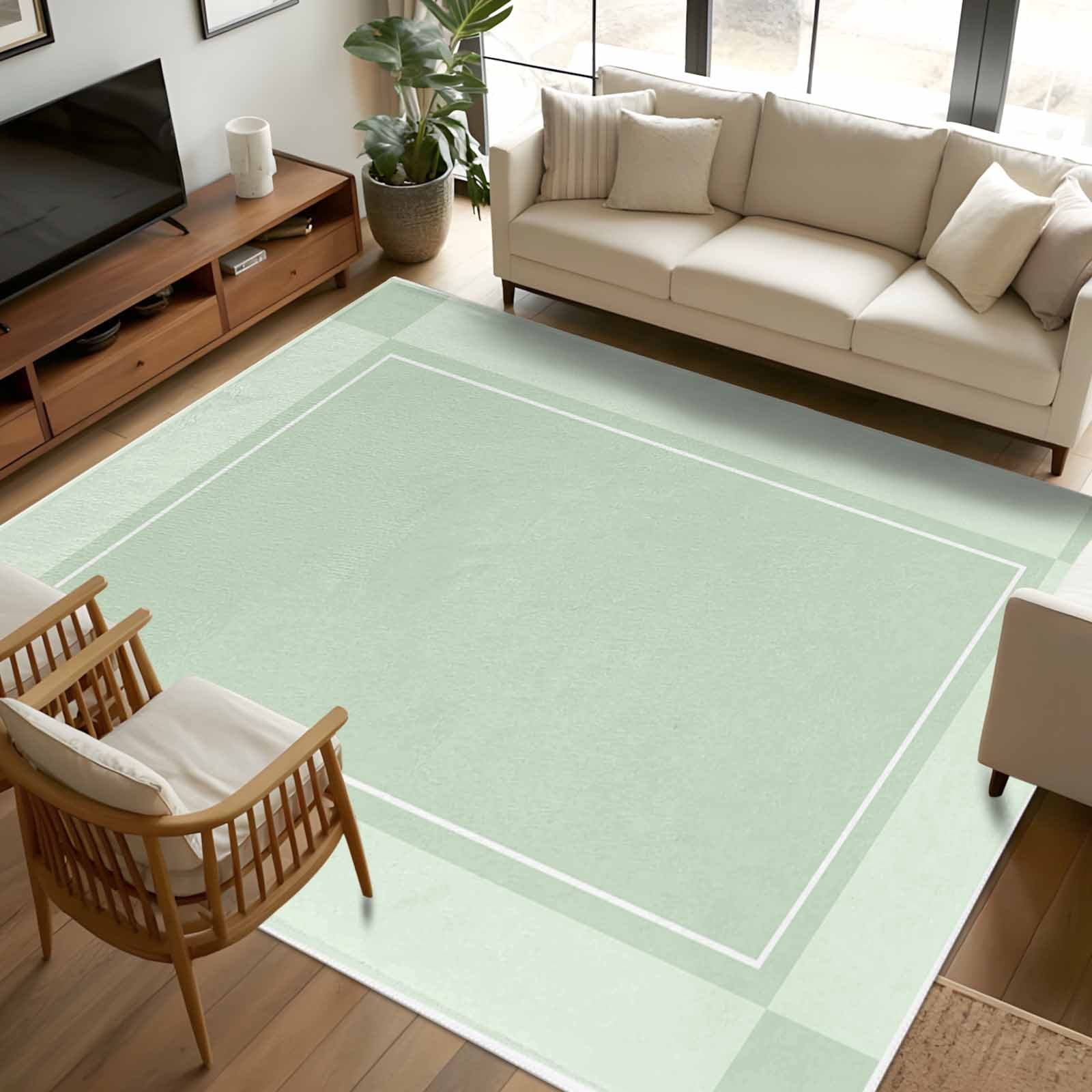 Rectangular Area Grid 5x7 Area Rugs, Light Green Plaid Non-Skid Rubber Backing Large ...