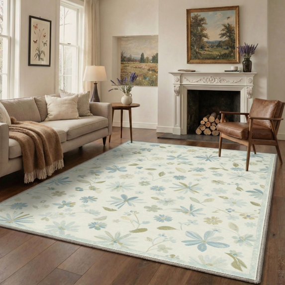 5x7 Area Rugs for Living Room and Bedroom, Machine Washable Low Pile Indoor Rug with Non Slip Backing, Lightweight Print Pattern Floor Rug for Modern Farmhouse Home Decor, Wild Daisies Dusty Blue