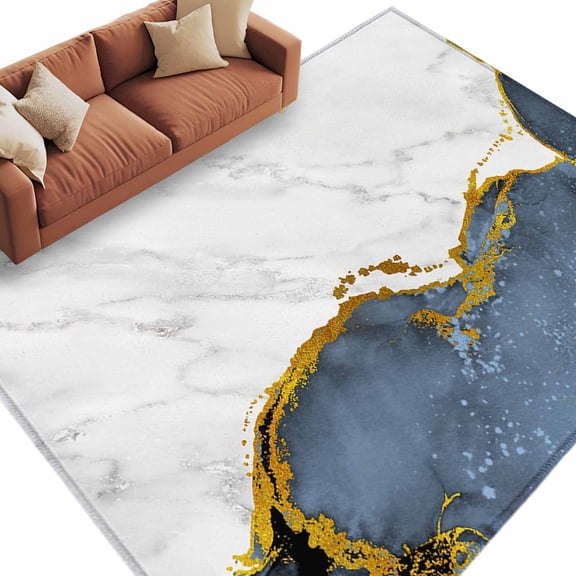 5x7 Area Rugs for Living Room, Blue Gold Marble Non Slip Area Rugs for Kitchen Bedroom Entryway, Modern Abstract Marble Crack Texture Washable Carpet Runner Rug Floor Mats for Bedroom Home Decor