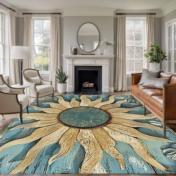 5x7 Area Rugs for Living Room, Blue Golden Sun Non Slip Area Rugs for Kitchen Bedroom Entryway, Vintage Abstract Art Retro Washable Carpet Runner Rug Floor Mats for Bedroom Home Decor