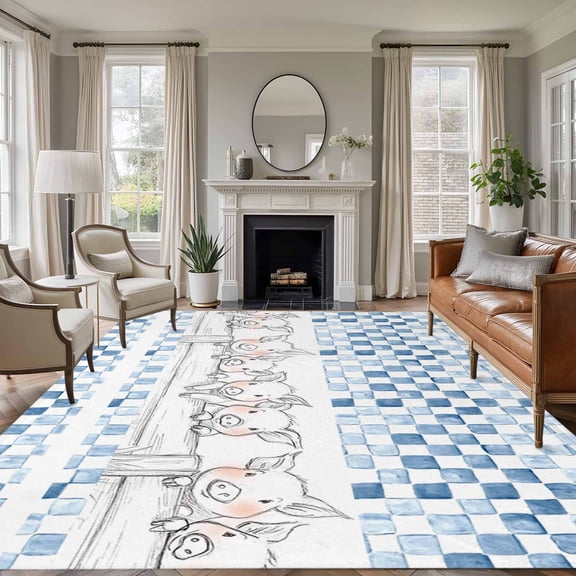 5x7 Area Rugs for Living Room, Blue Plaid Farmhouse Non Slip Area Rugs for Kitchen Bedroom Entryway, Watercolor Cute Country Pigs Checkered Washable Carpet Runner Rug Floor Mats for Bedroom