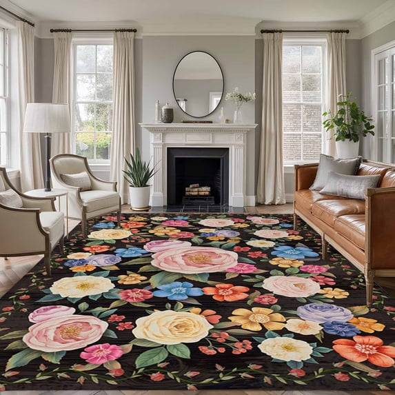 5x7 Area Rugs for Living Room, Boho Pink Flower Non Slip Area Rugs for Kitchen Bedroom Entryway, Spring Watercolor Country Floral Plant Washable Carpet Runner Rug Floor Mats for Bedroom Home Decor