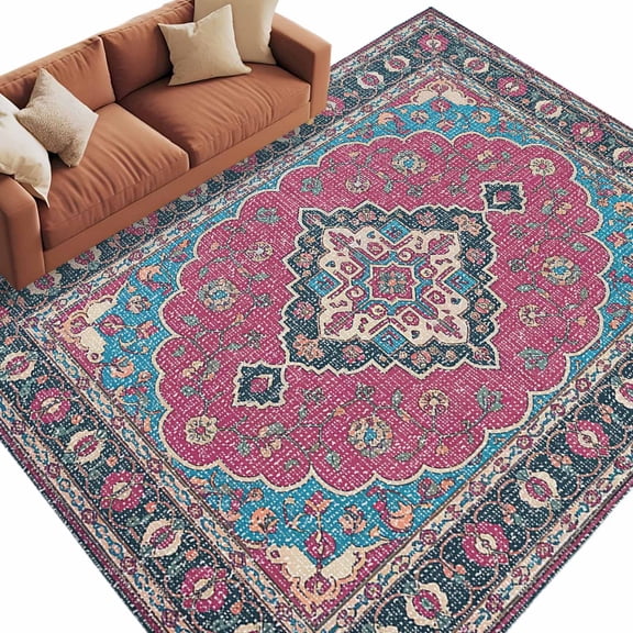 5x7 Area Rugs for Living Room, Boho Southwest Non Slip Area Rugs for Kitchen Bedroom Entryway, Rose Red Country Chic Aztec Abstract Washable Carpet Runner Rug Floor Mats for Bedroom Home Decor