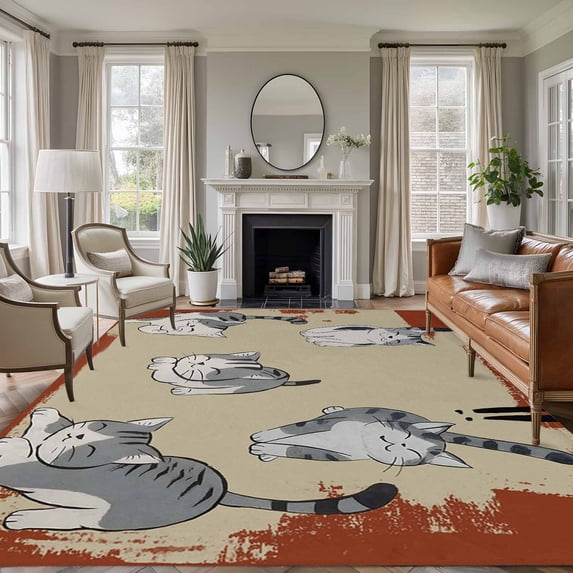 5x7 Area Rugs for Living Room, Cute Cat Non Slip Area Rugs for Kitchen Bedroom Entryway, Burnt Orange Beige Vintage Animal Washable Carpet Runner Rug Floor Mats for Bedroom Home Decor
