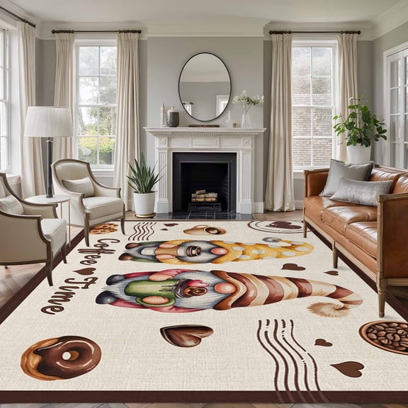 5x7 Area Rugs for Living Room, Farmhouse Coffee Time Non Slip Area Rugs for Kitchen Bedroom Entryway, Vintage Gnomes DessertsBeige Burlap Washable Carpet Runner Rug Floor Mats for Bedroom Home Decor