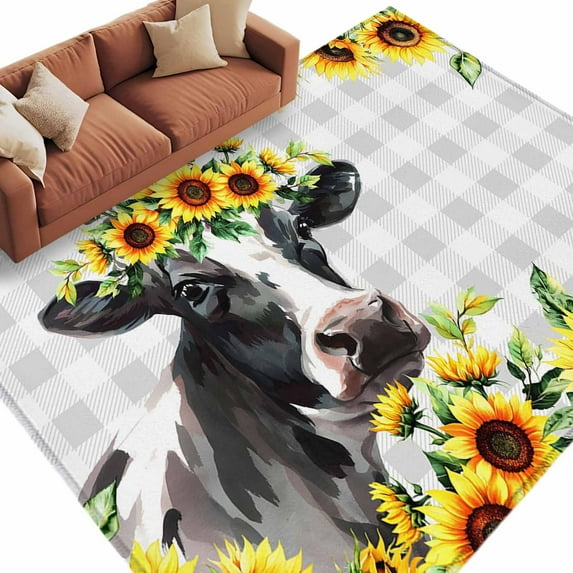 5x7 Area Rugs for Living Room, Farmhouse Cow Non Slip Area Rugs for Kitchen Bedroom Entryway, Pastoral Sunflower Botanical Gray Plaid Washable Carpet Runner Rug Floor Mats for Bedroom Home Decor