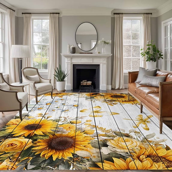5x7 Area Rugs for Living Room, Farmhouse Sunflower Non Slip Area Rugs for Kitchen Bedroom Entryway, Vintage Daisy Butterflies Gray Wood Washable Carpet Runner Rug Floor Mats for Bedroom Home Decor