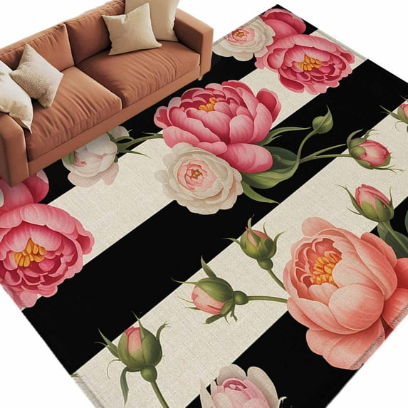 5x7 Area Rugs for Living Room, Flower Stripes Non Slip Area Rugs for Kitchen Bedroom Entryway, Black White Geometric Pink Rose Floral Washable Carpet Runner Rug Floor Mats for Bedroom Home Decor