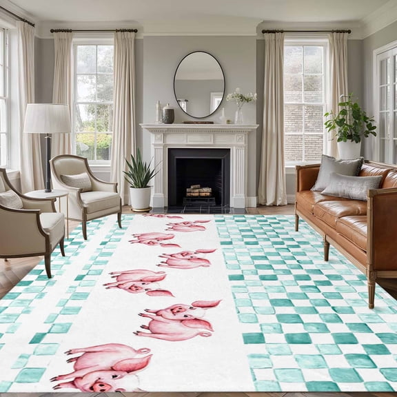 5x7 Area Rugs for Living Room, Green Plaid Farmhouse Non Slip Area Rugs for Kitchen Bedroom Entryway, Watercolor Cute Country Pigs Checkered Washable Carpet Runner Rug Floor Mats for Bedroom