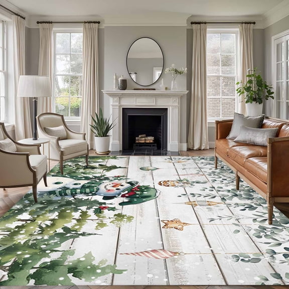5x7 Area Rugs for Living Room, Green Snowman Christmas Non Slip Area Rugs for Kitchen Bedroom Entryway, Xmas Snowflake Eucalyptus Leaves Wooden Washable Carpet Runner Rug Floor Mats for Bedroom