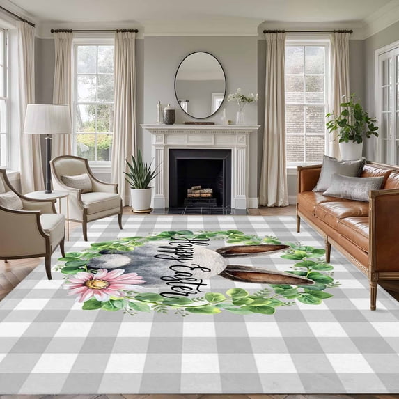 5x7 Area Rugs for Living Room, Grey Easter Non Slip Area Rugs for Kitchen Bedroom Entryway, Spring Watercolor Bunny Flower Leaf Plaid Washable Carpet Runner Rug Floor Mats for Bedroom Home Decor