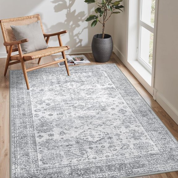5x7 Area Rugs for Living Room, Grey Non Slip Washable Rugs | Soft Low Pile Floral Neutral Faded Rugs for Bedroom Dining Room Office, Easy care For High Traffic Areas