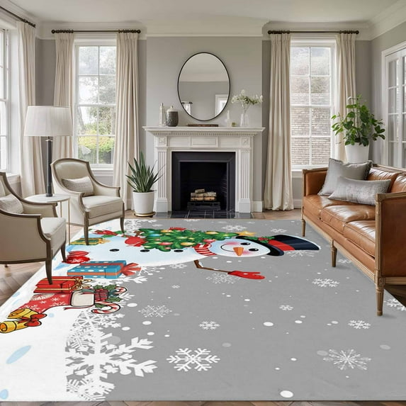 5x7 Area Rugs for Living Room, Grey Snowman Christmas Non Slip Area Rugs for Kitchen Bedroom Entryway, Gifts Xmas Tree Winter Snowflake Washable Carpet Runner Rug Floor Mats for Bedroom Home Decor