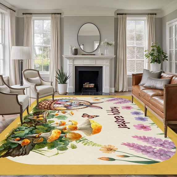 5x7 Area Rugs for Living Room, Happy Easter Non Slip Area Rugs for Kitchen Bedroom Entryway, Rabbit Eggs Spring Mushrooms Flowers Yellow Washable Carpet Runner Rug Floor Mats for Bedroom Home Decor