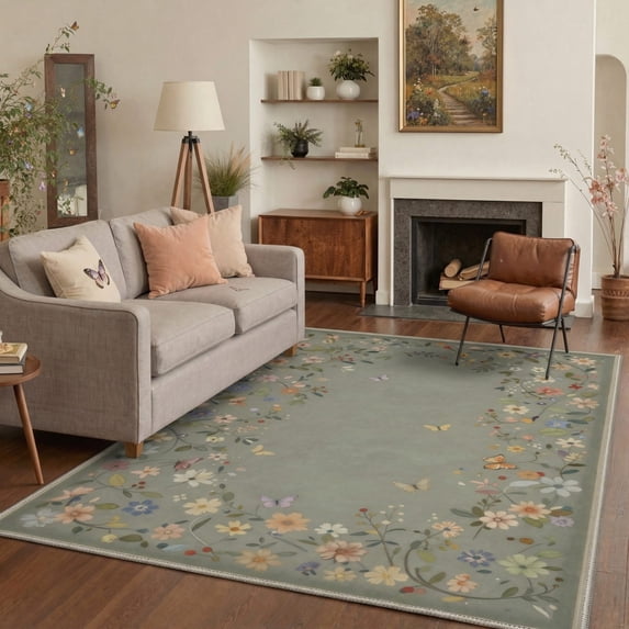 5x7 Area Rugs for Living Room Machine Washable with Non Slip Backing, Low Pile Lightweight Print Pattern Rug for Bedroom, Floral Butterflies, Sage Green