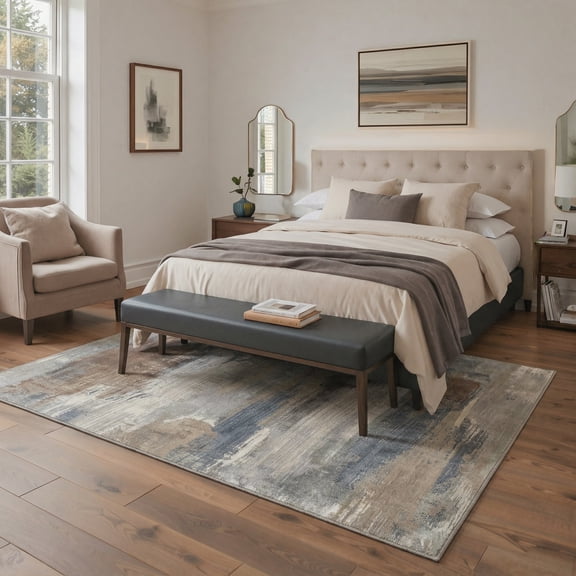 5x7 Area Rugs for Living Room Machine Washable with Non Slip Backing, Low Pile Lightweight Print Pattern Rug for Bedroom, Indoor Floor Mat, Brushstrokes Slate Taupe