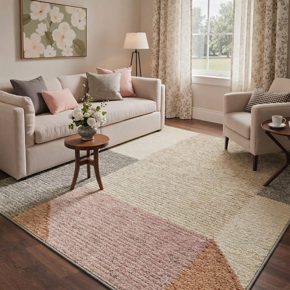 5x7 Area Rugs for Living Room Machine Washable with Non Slip Backing, Low Pile Lightweight Print Pattern Rug for Bedroom, Indoor Floor Mat Geometric Blocks, Soft Oatmeal