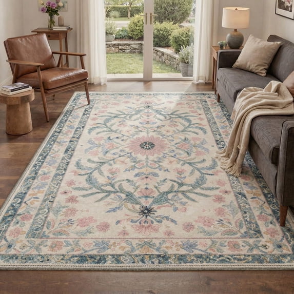 5x7 Area Rugs for Living Room Machine Washable with Non Slip Backing Low Pile Lightweight Print Pattern Rug for Bedroom Indoor Use, Floral Vine, Blush Beige