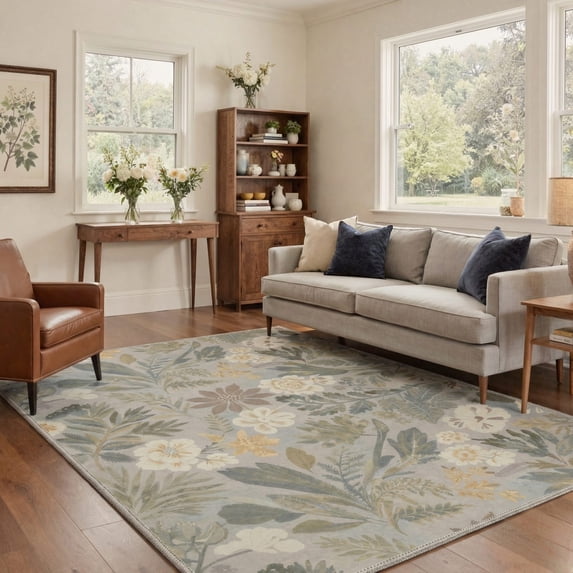 5x7 Area Rugs for Living Room Machine Washable Non Slip Low Pile Print Pattern Light Weight Throw Rugs for Bedroom, Farmhouse Decor, Indoor Floor Rug, Wild Flora, Dusty Sage
