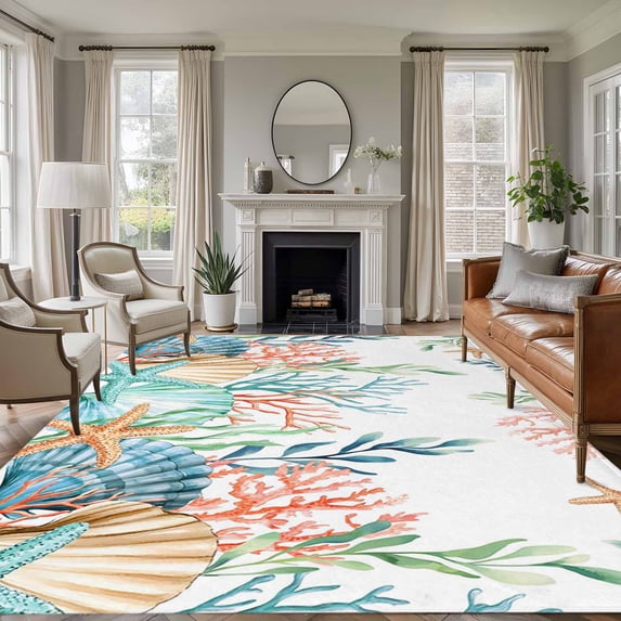 5x7 Area Rugs for Living Room, Marine Life Non Slip Area Rugs for Kitchen Bedroom Entryway, Nautical Underwater Coral Shell Starfish Watercolor Washable Carpet Runner Rug Floor Mats for Bedroom