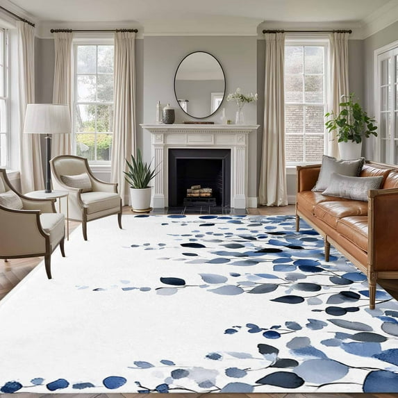 5x7 Area Rugs for Living Room, Navy Blue Eucalyptus Leaves Non Slip Area Rugs for Kitchen Bedroom Entryway, Watercolor Summer Botanical Washable Carpet Runner Rug Floor Mats for Bedroom Home Decor