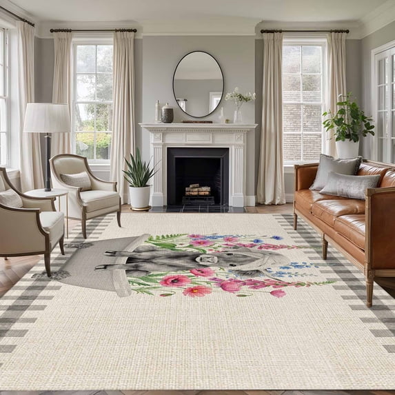 5x7 Area Rugs for Living Room, Pink Flowers Yak Non Slip Area Rugs for Kitchen Bedroom Entryway, Vintage Spring Floral Bathtub Retro Art Rustic Washable Carpet Runner Rug Floor Mats for Bedroom