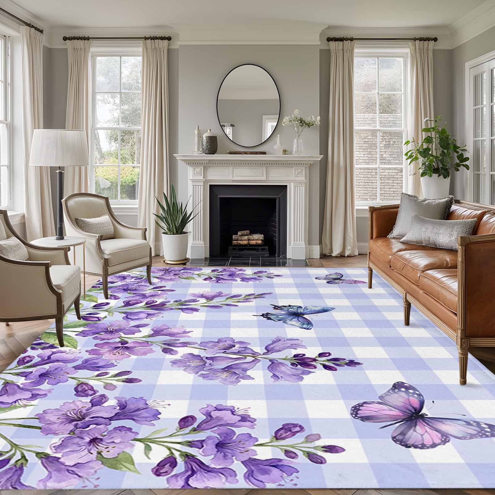 5x7 Area Rugs for Living Room, Purple Flowers Non Slip Area Rugs for ...
