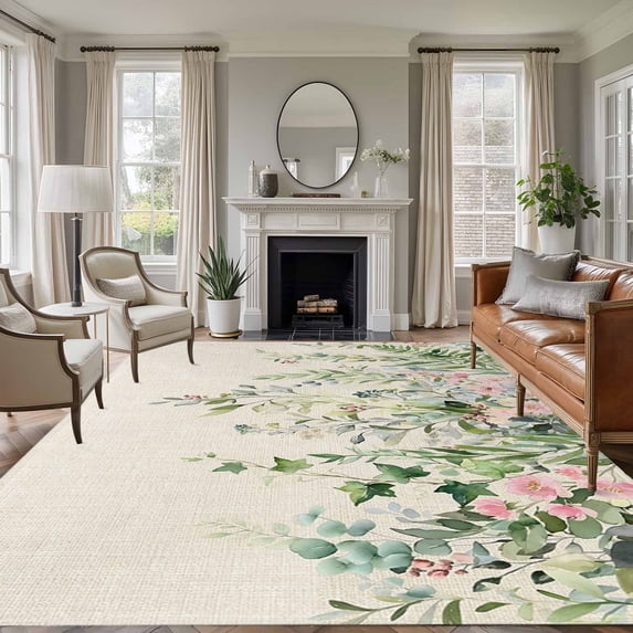 5x7 Area Rugs for Living Room, Sage Green Eucalyptus Leaves Non Slip Area Rugs for Kitchen Bedroom Entryway, Weeping Floral Summer Botanical Washable Carpet Runner Rug Floor Mats for Bedroom